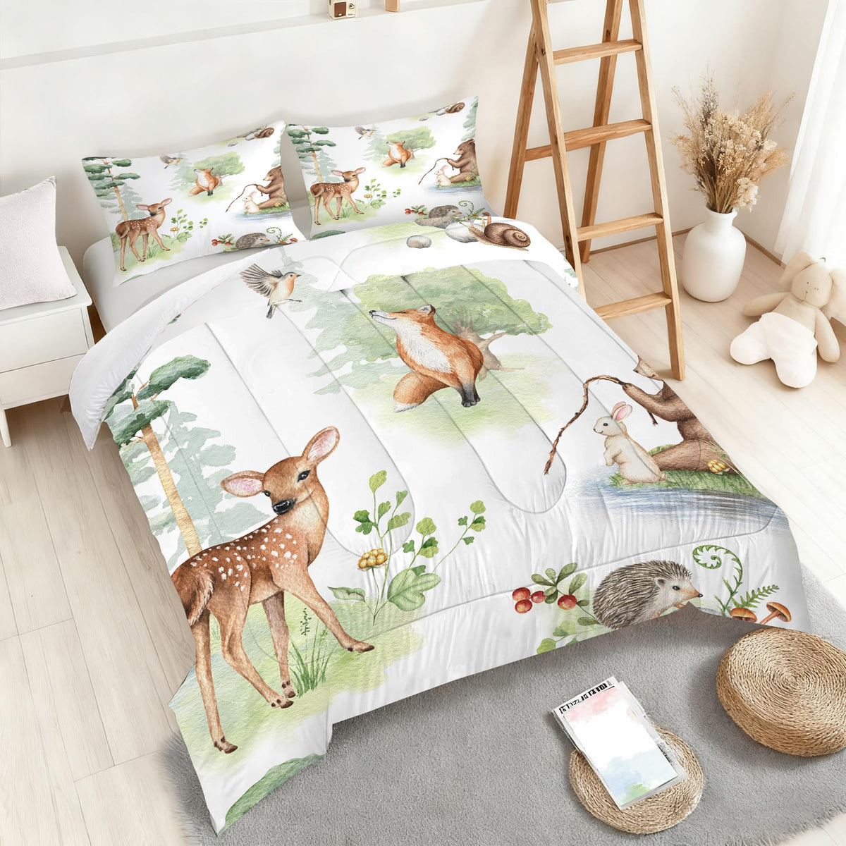 VTKON Wildlife Animals Comforter Set Twin for Kids Woodland Fox Deer and Bear Print Bedding Set Soft Cartoon Animal Print Bed Set White Green Forest Quilt Set with 1 Comforter + 1 Pillowcase