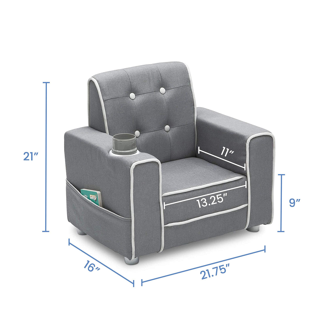Delta Children Chelsea Kids Upholstered Chair with Cup Holder, Soft Grey