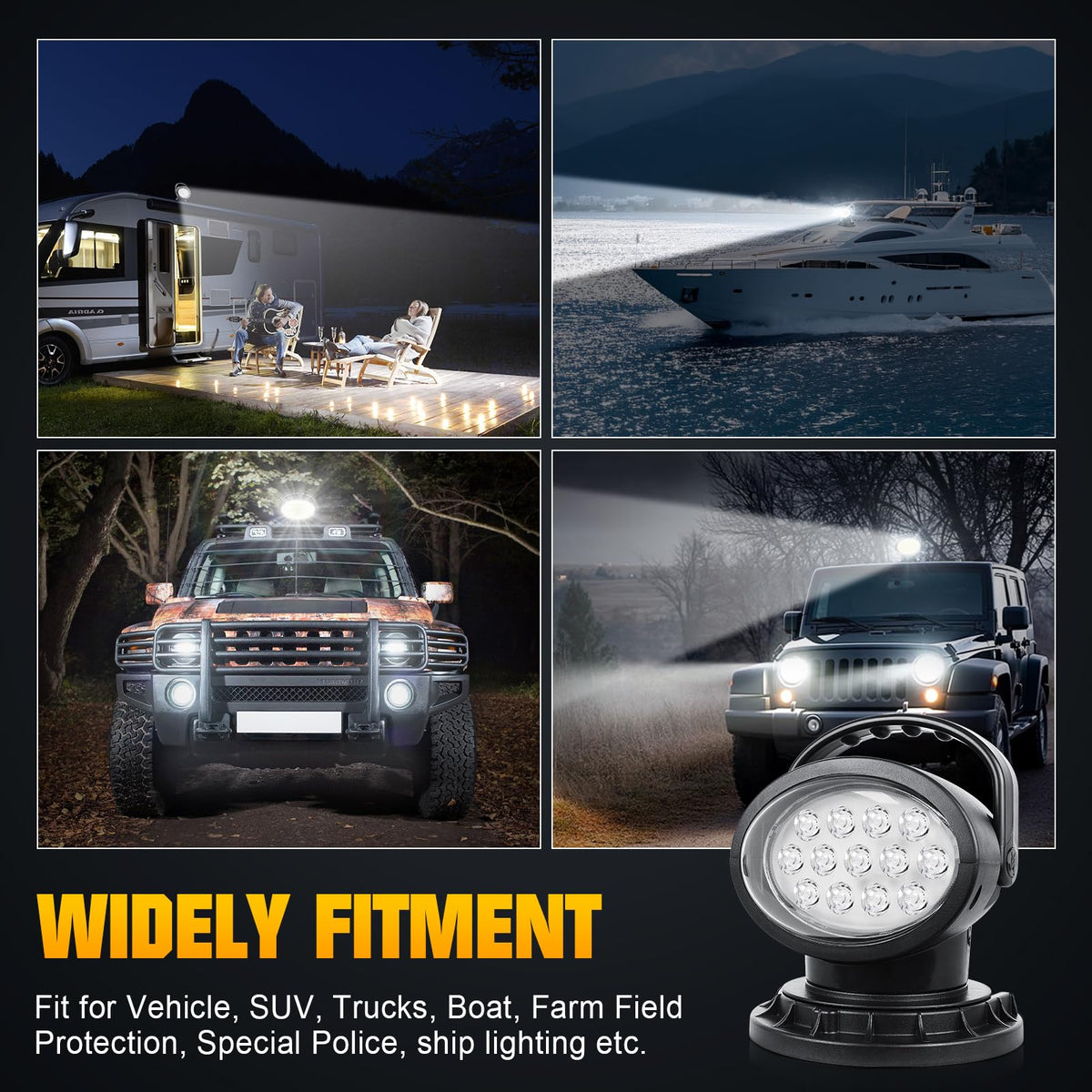 AUXTINGS 360 Degree LED Spotlight Search Light LED Rotating Remote Control Work Light with Magnetic Base for SUV Boat Home Security Protection Emergency Lighting Farm Field Garden