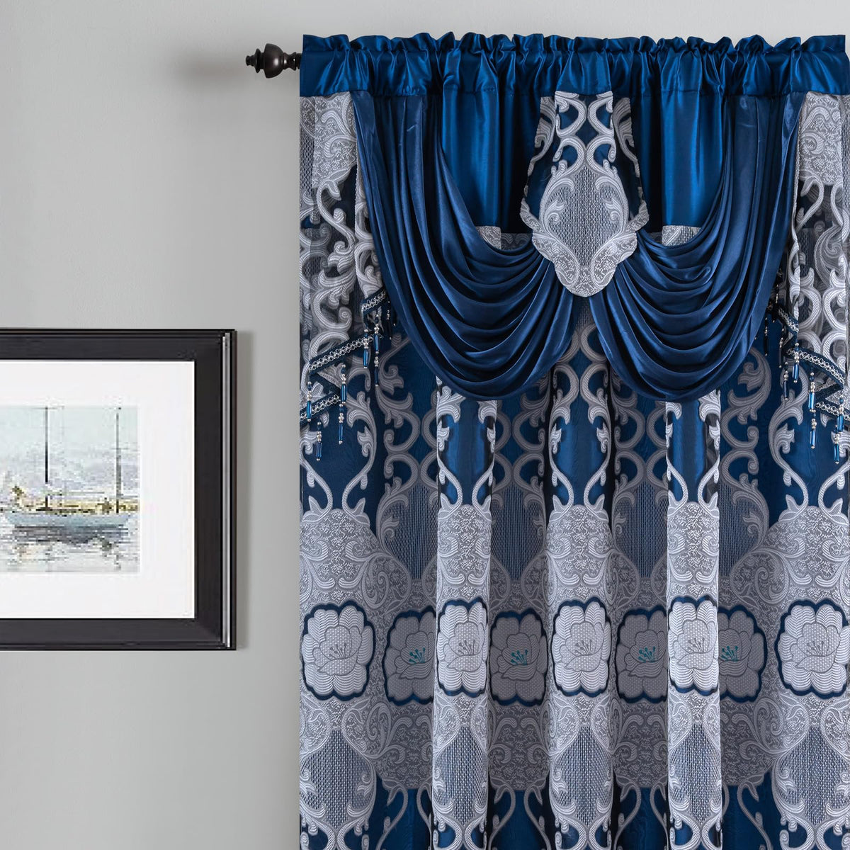 Petrichor Navy Sheer Jacquard Voile Curtains （54" W x 63" L）, 2 Panels with Attached Valance, Double Layer Floral Cutwork Design with Luxurious Texture, Rod Pocket, for Bedroom & Living Room