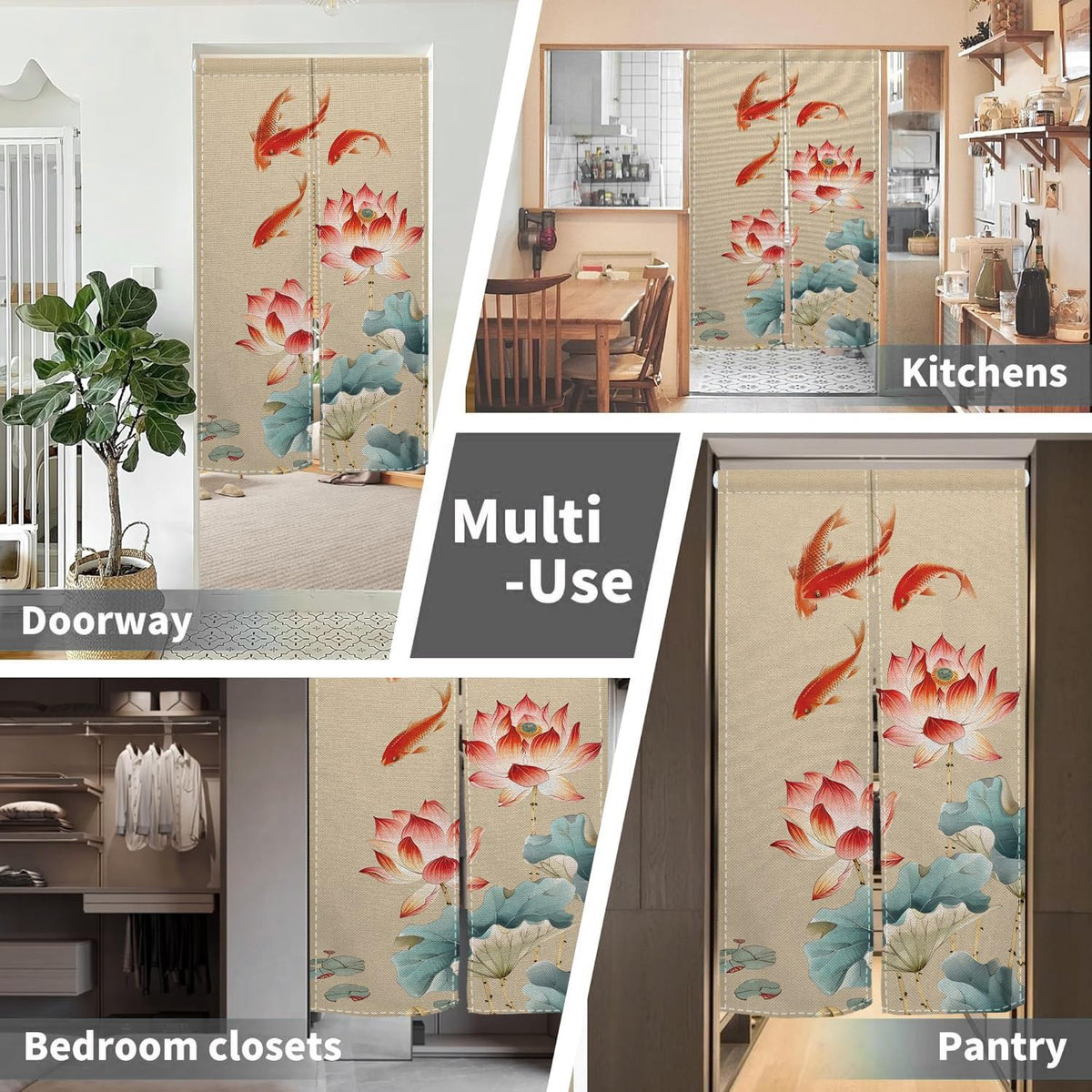 Leowefowa Long Chinese Ink Painting Doorway Curtain Japanese Noren Lotus Kio Fish Door Curtains Tapestry Feng Shui Window Treatment Hanging Room Privacy Divider Kitchen Home Asian Decor, 33.5"x 70.9"