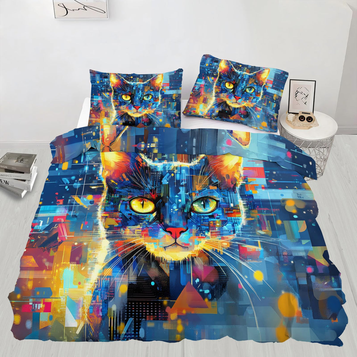ZAMODE Cat Duvet Cover Queen Size, Mystic Pet Kitten Comforter Cover 90" x 90" & 2 Pillowcases, Sci-Fi Cats Bedding Set with Zipper Ties