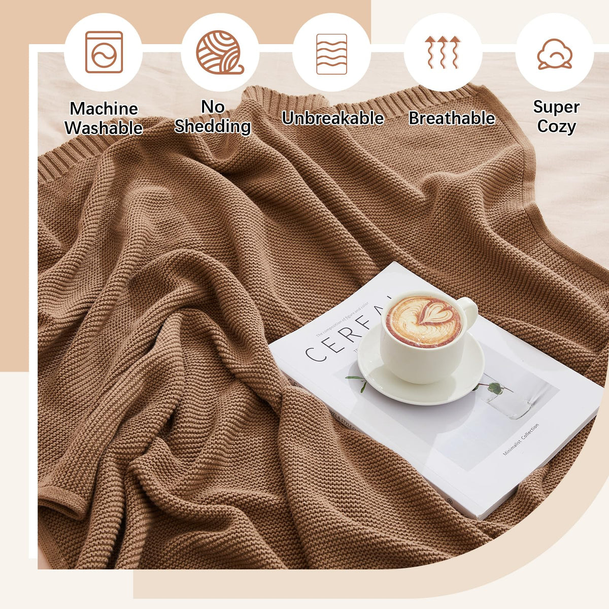 Breling 3 Pcs 50 x 60 Inch Large 100% Cotton Knitted Throw Blanket for Couch Sofa Bed Room Home Use Travel Soft Lightweight and Machine Washable Cozy Knit Blanket Handmade Lap Towel,Beige Orange Brown