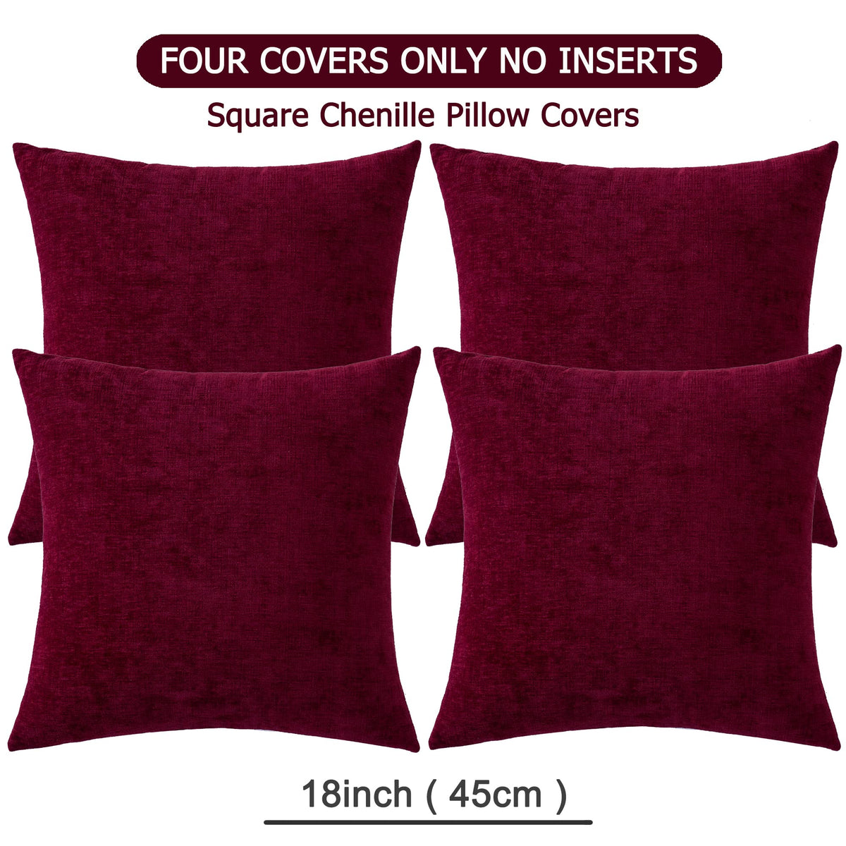 GAWAMAY Decorative Square Throw Pillow Covers 18"x18" Inch Set of 4, Super Soft Chenille Pillows Cover Fall Pillowcase for Living Room Bedroom Sofa Couch Cushion Cover Burgundy Red 45x45cm