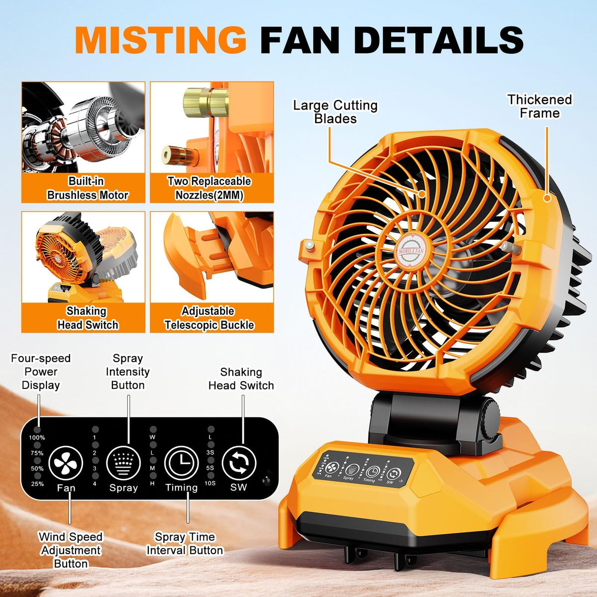 Portable Misting Fan, 30000mAh Rechargeable Battery Powered Oscillating Cooling Fan, Outdoor Fans for Camping, Patio, Adjustable Base for 10-13in Water Tank(No Bucket Included)