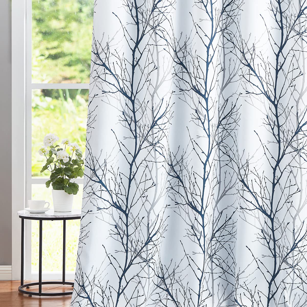 FMFUNCTEX 100% Blackout Curtains for Bedroom, Blue White Tree Branch Curtains 54 Inches Long for Living Room, Short Thermal Insulated Window Drapes for Basement, Small Windows 2 Panels Grommet Top