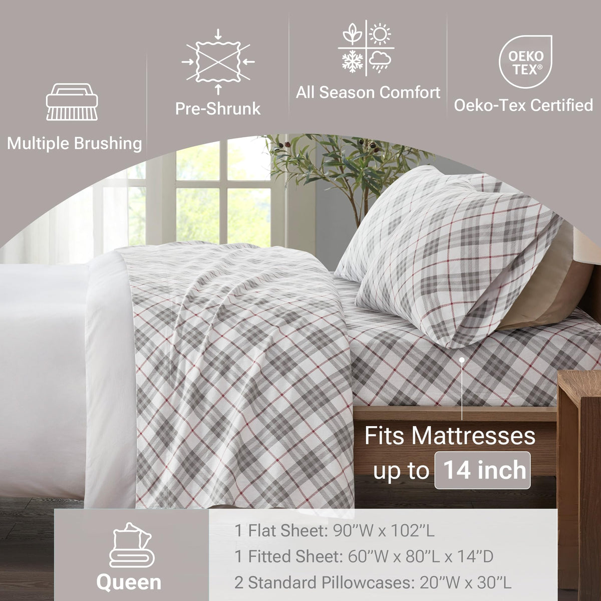 True North by Sleep Philosophy Cozy Flannel Warm 100% Cotton Sheet - Novelty Print Animals Stars Cute Ultra Soft Cold Weather Bedding Set, Queen, Red Plaid 4 Piece