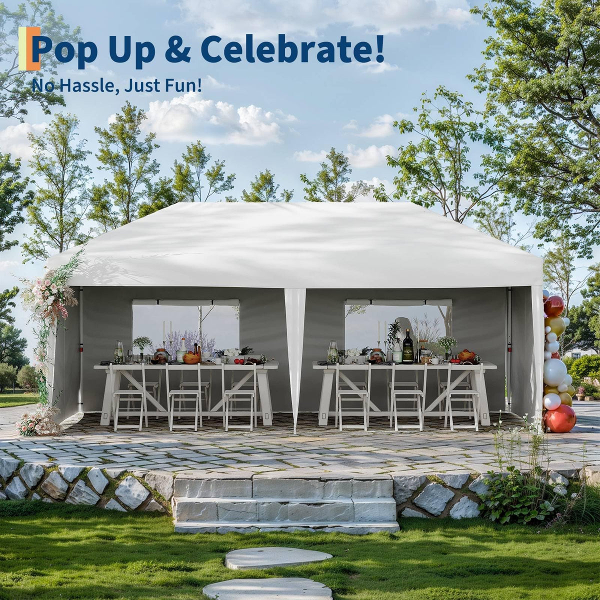 10x20 Pop Up Canopy Tent with 4 Sidewalls, Heavy Duty Outdoor Canopy UPF 50+ All Season Waterproof Commercial Street Vendors Party Tents with Roller Bag, 8 Stakes & 6 Sandbags, White