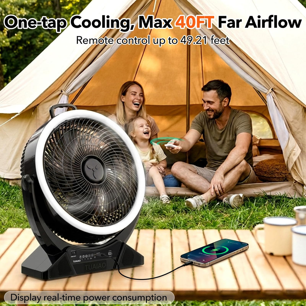 TUIAIAO Large 45000mAh Battery Operated Camping Fan Manual Tilt 50°, 12-Inch Blades Portable Rechargeable Outdoor Fan with 5 Speed, High Airflow, Cordless Floor Fan with Timer for Garage, Hurricane