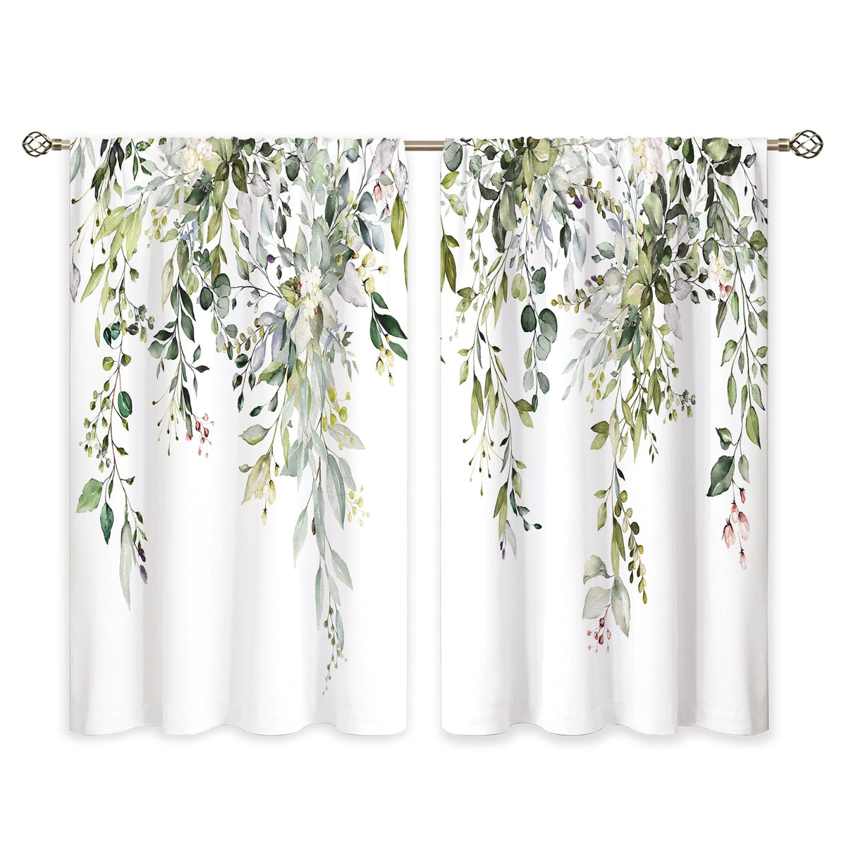 oolygoo Eucalyptus Botanical Leaves Floral Kitchen Window Curtains Over Sink Boho Farmhouse Flower Leaf Small Window Treatment Sage Green Cafe Short Curtains for Bathroom Tier Drapes 27.5x39 inch