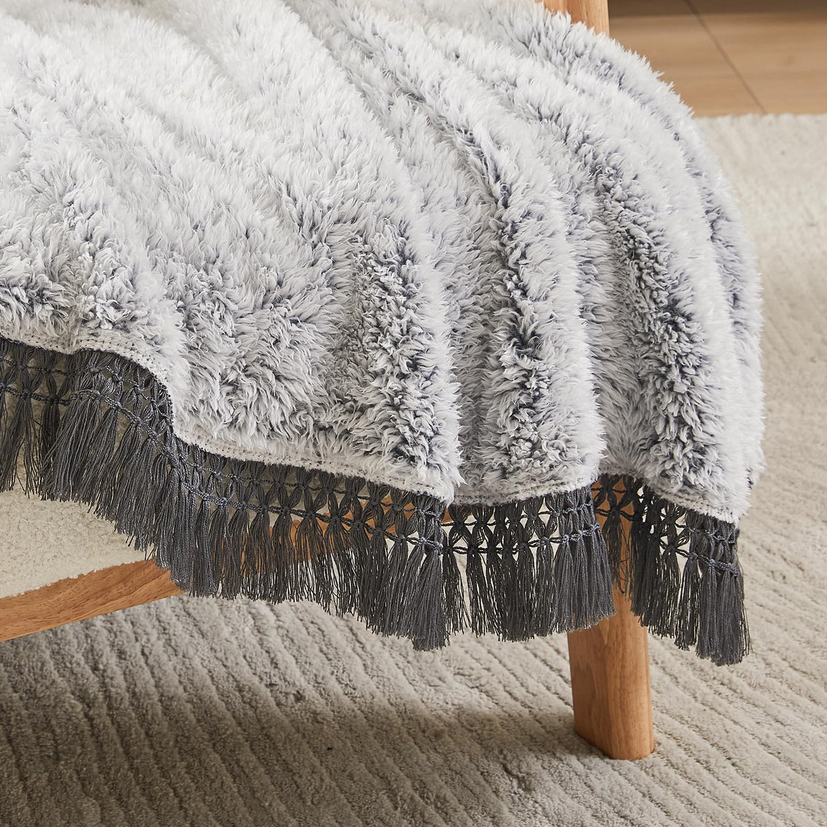 EMME Soft Sherpa Fleece Blanket with Tassel, Reversible Plush Fluffy Large Blanket, Light Weight Warm Decorative Boho Blanket Cover for Sofa, Couch, Bedroom,Travel(Tassel Grey,90"x90")