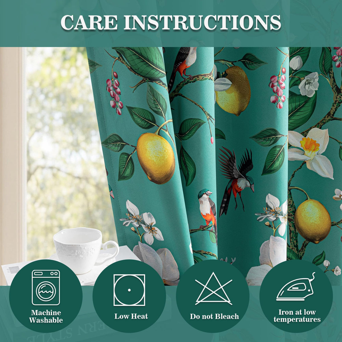 MYSKY HOME Floral Blackout Curtains 84 inch Long for Living Room Vintage Mid Century Style Lemon Hummingbird Patterned Room Darkening Privacy Drapes Grommet Living Dining Room, 2 Pcs, 52"W, Deep Green