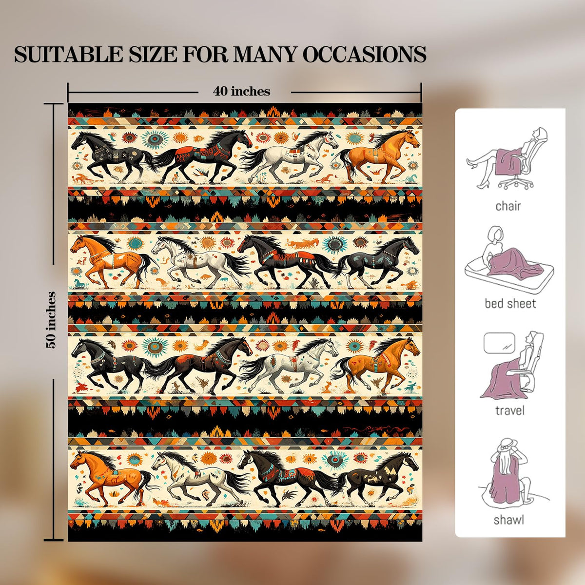 Horse Blanket Horse Fleece Throw Blanket Super Soft Fuzzy Plush Cozy Warm Horses Decor Stuffed Animal Bedding Blankets Gift for Boys, Girls, Men, Women - Kids & Adult 50"x40"