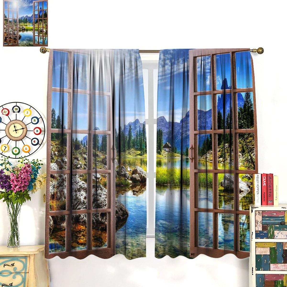 Forest Landscape Curtains,Wooden Window Nature Scenery Mountain Waterfalls Landscape Rustic Farmhouse Style Print Window Drapes For Bedroom Living Room Kitchen Decor,2 Panel Set,52x84 Inch Blackout