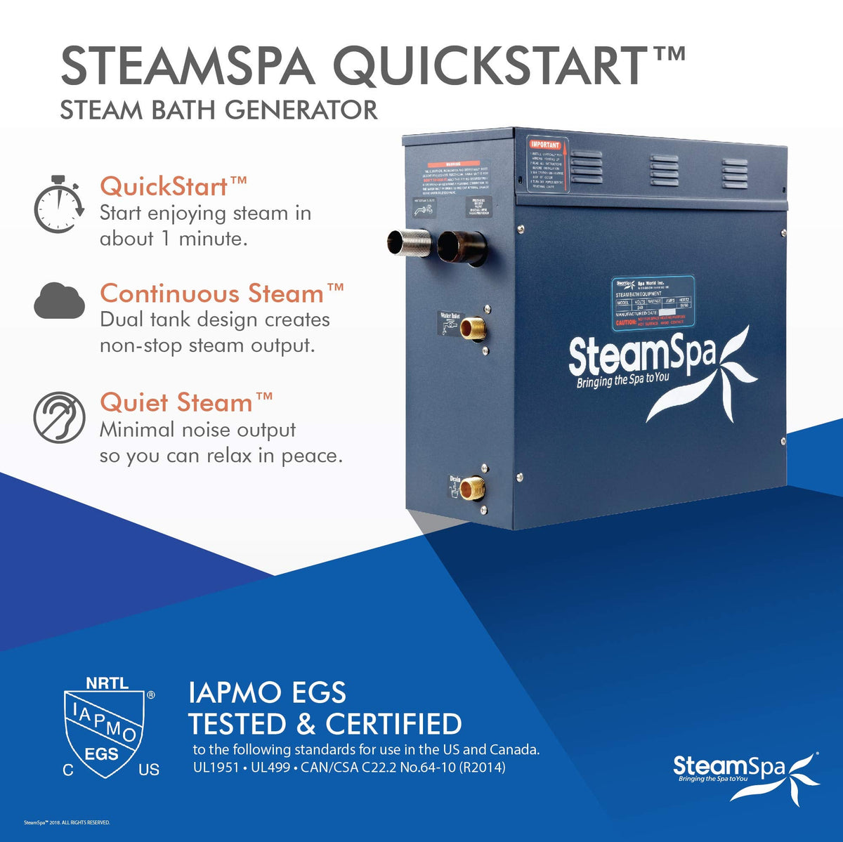 STEAMSPA 7.5kW Steam Sauna Generator Sentry Series 240V Steam Generator with Touch Screen, Steamhead, Built-in Steam Shower Auto Drain, ACU Quickstart Steam Bath Generator (Chrome)