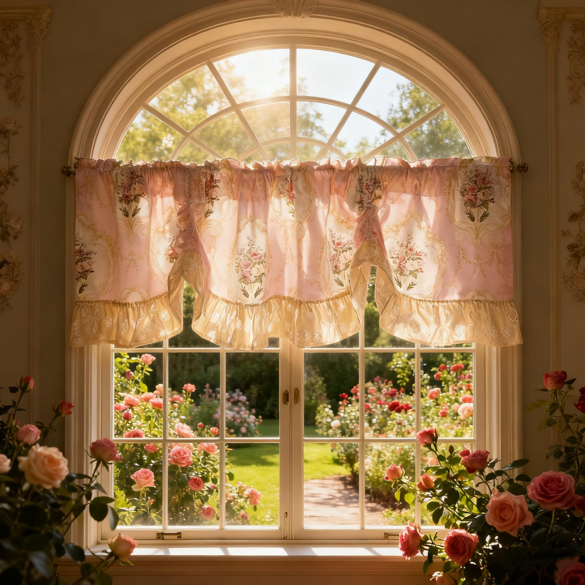 European Floral Tie Up Curtains for Kitchen Adjustable Balloon Shade Window Valance Elegant Cafe Bathroom Dining Room Window Drapes Rod Pocket 1 Panel (W59 X L16 INCH,Pink)