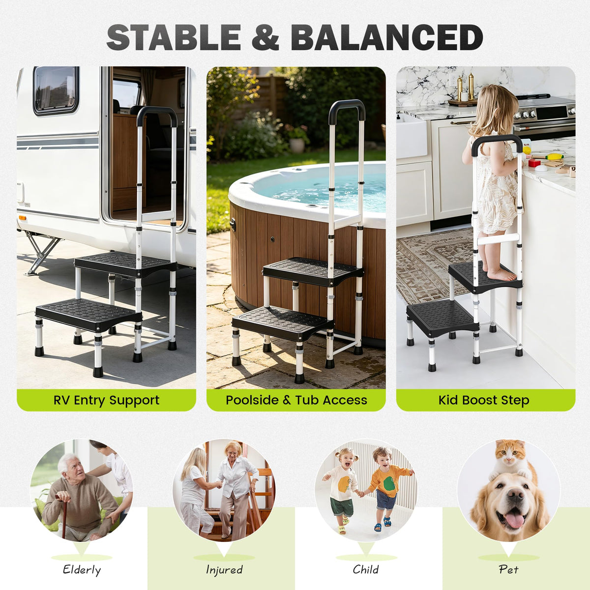 DEPSUNNY RV Step Stool with Handle for Elderly,2 Step Ladder with Handrail, Reinforced PP Wide Platform, Adjustable Height, Portable Stairs for Hot Tub/Camper/Mobile Home/Porch/SPA Pool/Pet Stairs