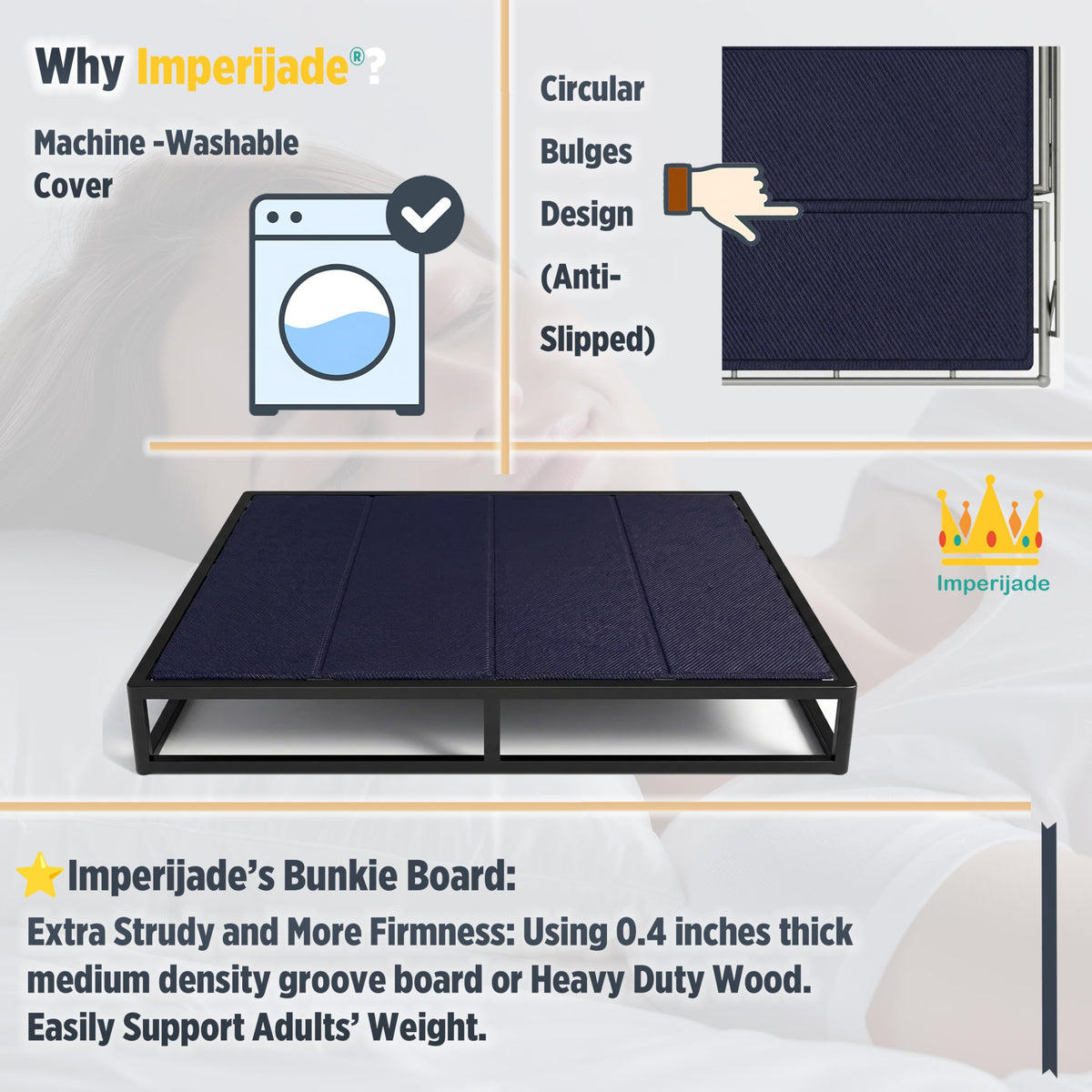 Imperijade 10mm Bunkie Board (54”x75”Full Size) Lightweight Design | Low Profile Bed Support, Breathable, Noise Minimizing, Moisture Resistant | Folding Box Support Board | Split Fully Assembled