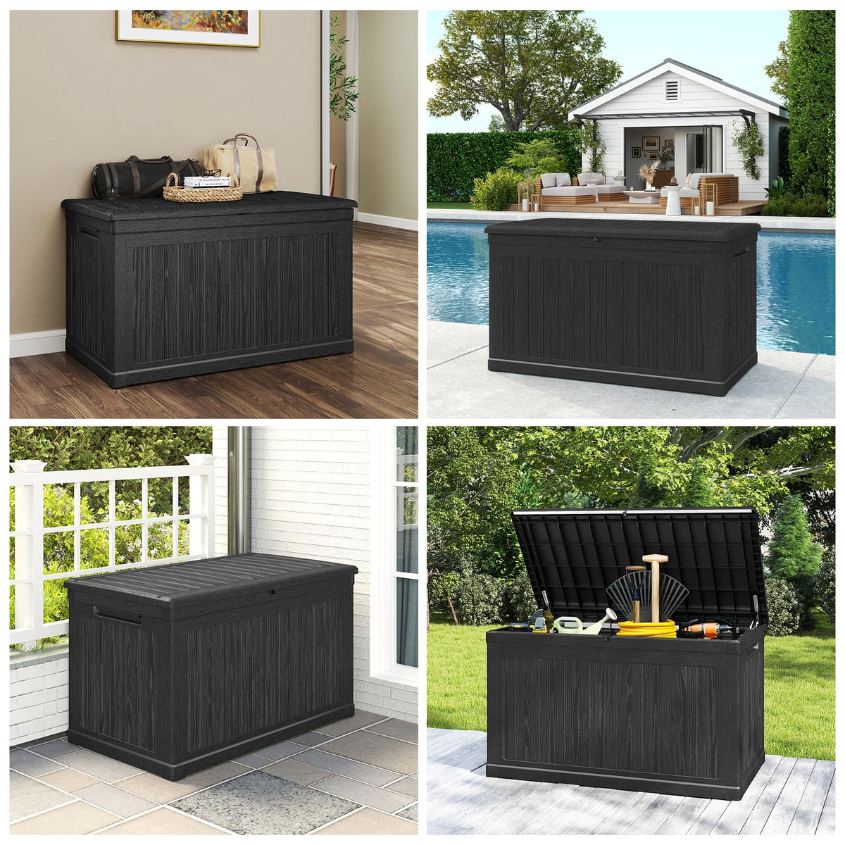 Skepphlay 230 Gallon Deck Box Large Outdoor Storage Box, Black Waterproof Deck Storage Bench, 440 lbs Load Capacity Outdoor Storage Bin for Garden, Patio, Pool, Boat