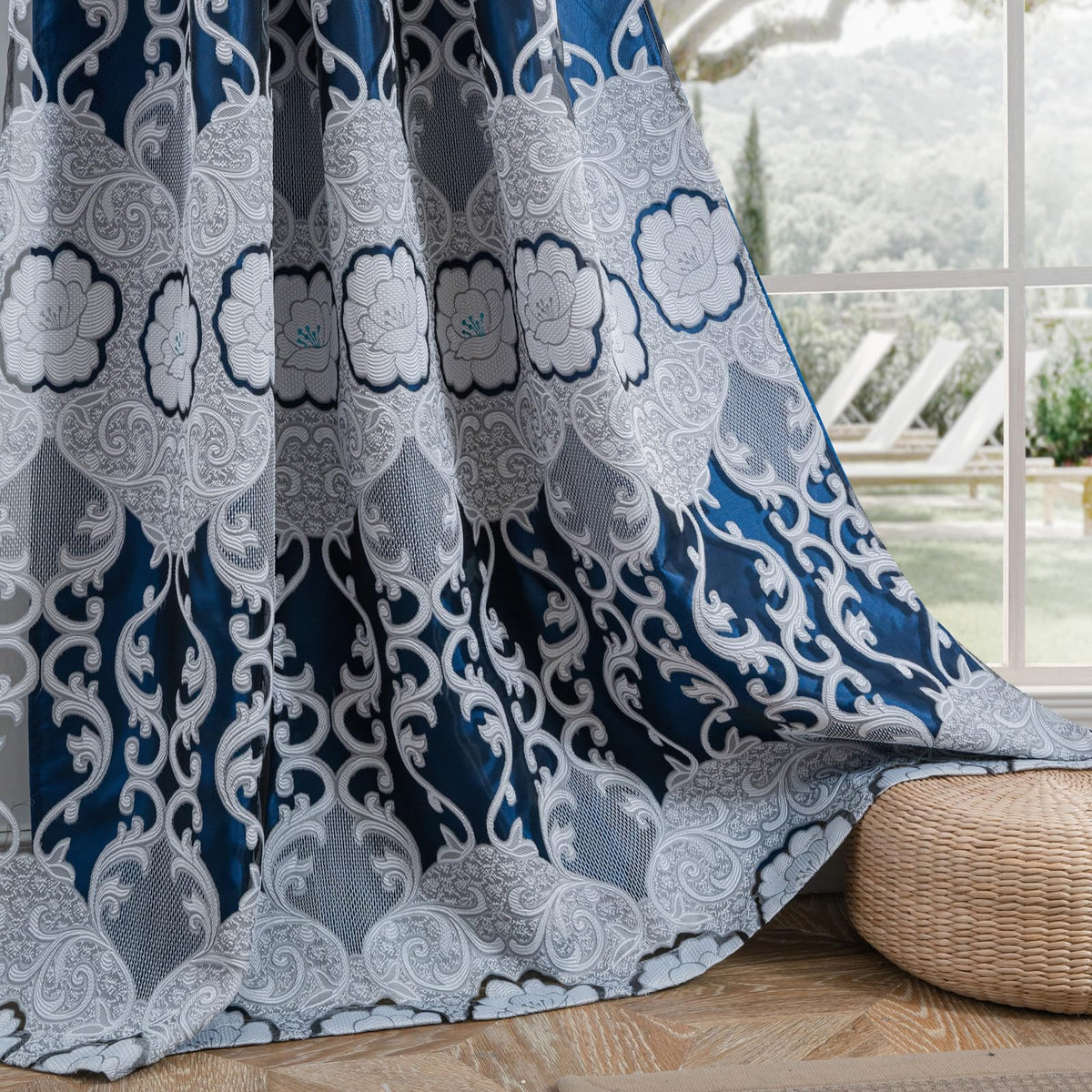 Petrichor Navy Sheer Jacquard Voile Curtains （54" W x 63" L）, 2 Panels with Attached Valance, Double Layer Floral Cutwork Design with Luxurious Texture, Rod Pocket, for Bedroom & Living Room
