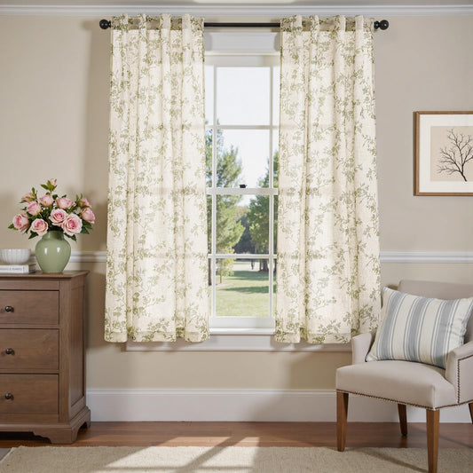jinchan Linen Floral Curtains 63 Inch Farmhouse Country Flower Drapes Rustic Window Curtains Light Filtering for Living Room Bedroom Laundry Back Tab 2 Panels Green on Beige