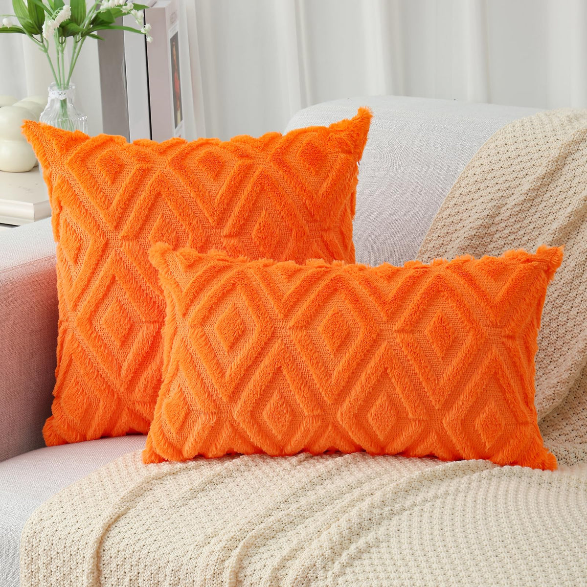 Pallene Fall Orange Throw Pillow Covers 16x16 Set of 2, Soft Plush Faux Fur Decorative Couch Pillow Covers for Sofa Bed Living Room Pillow Cases with 3D Diamond Pattern