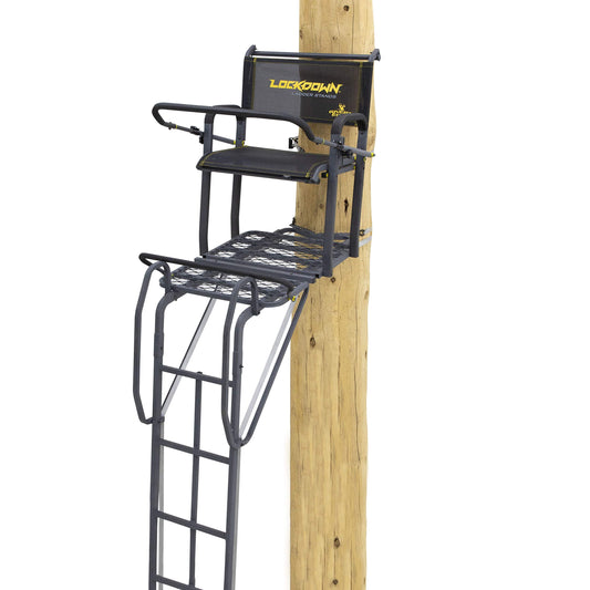 Rivers Edge® Lockdown™ 21' Wide, Towering 21' Height, Flip-Up TearTuff™ Mesh Seat, The Ultimate Shooting Rail™, Patent-Pending Ground-Level Ratcheting Technology™, LD200