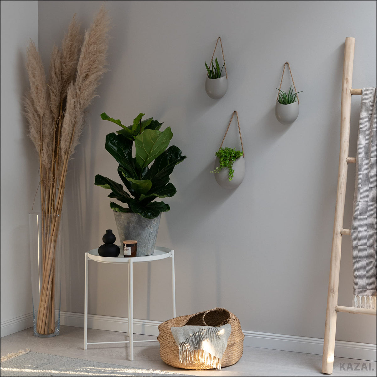 Kazai. Wall Planters -Ellie- | Hanging Ceramic Plant Pots 3 Pieces | Wall Decoration for Indoors, Balcony and Garden | Light Grey (Matte)