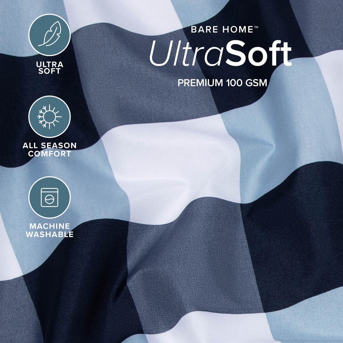 Bare Home Queen Sheet Set - Luxury 1800 Ultra-Soft Microfiber Double Brushed - Deep Pockets - Easy Fit - 4 Piece Set - Bedding Sheets & Pillowcases (Queen, Gingham Blue)