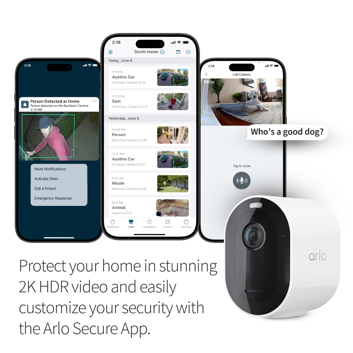 Arlo Pro Security Camera 2K HDR 5th Gen - Wireless Outdoor Camera, Rechargeable Removeable Battery, Event Captions, Emergency Response, 1-Month Trial of Secure Plan, 3 Cam, White