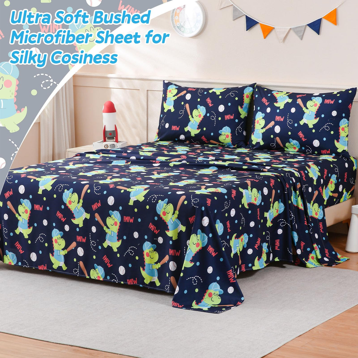 ChicView Twin Sheet Set Kids,3 Pieces Breathable Soft Microfiber Bedsheets for Child Boys Girls, Anti Pilling Deep Pockets Easy Care Bed Sheets, Dino