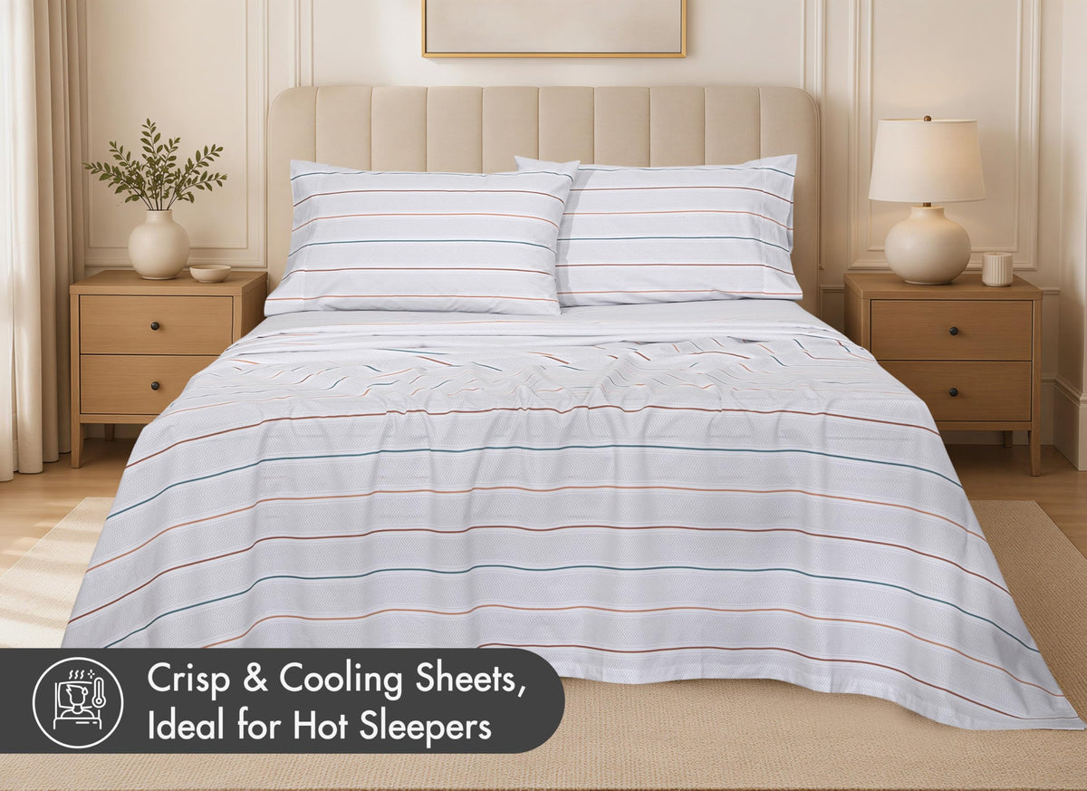 RUVANTI 100% Cotton Percale Sheets Full Size – Crisp Cooling Bed Sheets for Hot Sleepers, Deep Pocket 16”, Soft Breathable & Durable Hotel-Style 4 Piece Set, Chevron Twill Stripe