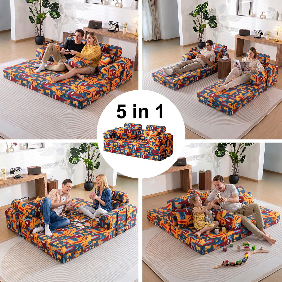 COOSYCO 79" Convertible Sofa Bed, 5-in-1 Corduroy Floor Couch, Boneless Couch with Ergonomic High Back Support & Side Storage Pocket, No Assembly for Bedroom Living Room (Graffiti B)
