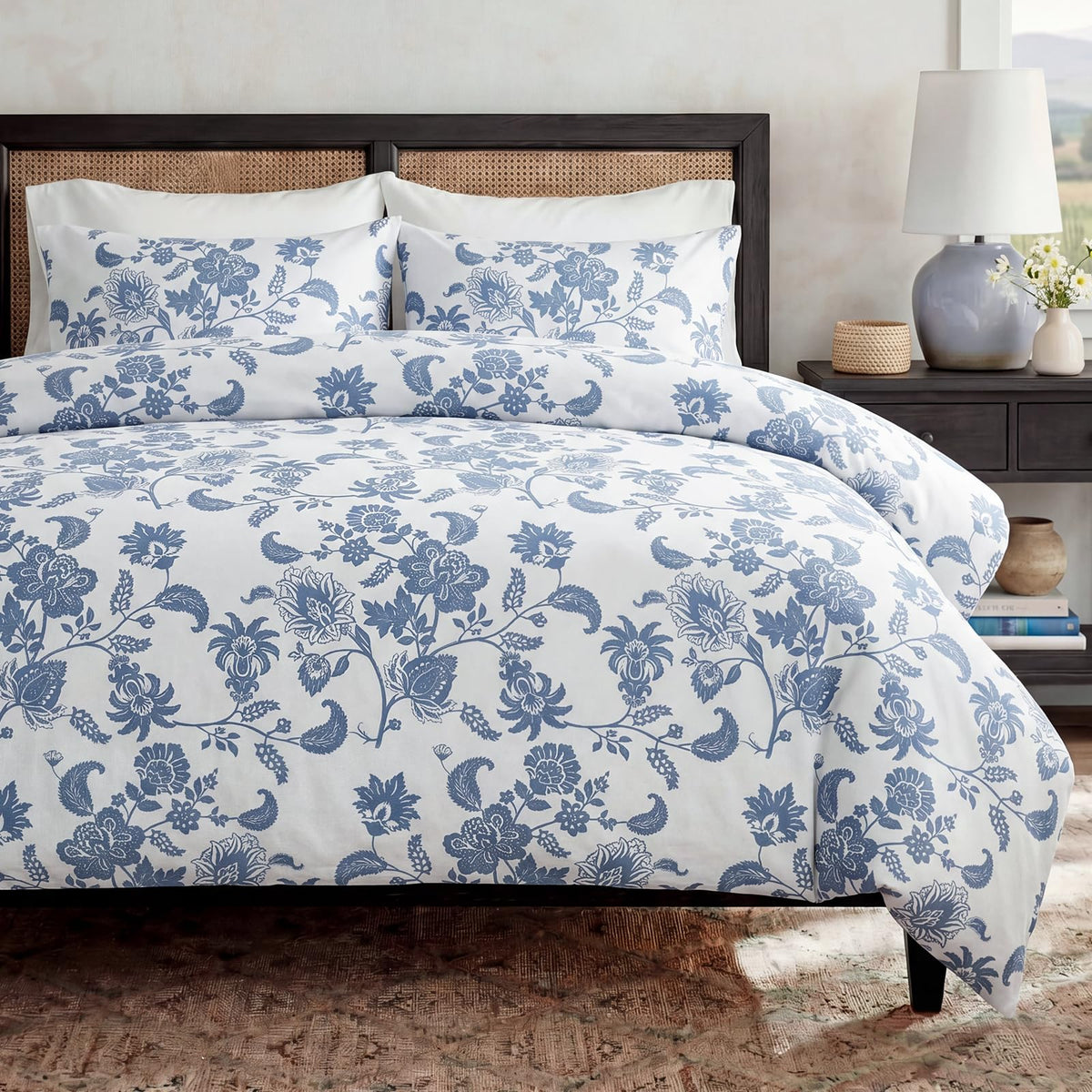 Bedorm 100% Cotton Duvet Cover Set King Floral Bedding Set Blue and White Paisley Flowers Print Boho Bedroom Decor Soft & Breathable Duvet Cover with Zipper Closure