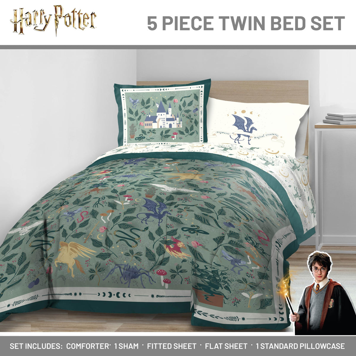 Jay Franco Kids Comforter Set Includes Sheets and Pillow Covers - Soft and Cozy Bed Set for Stylish Room Decor, Official Licensed Product, Green - Harry Potter, 5 Piece Twin