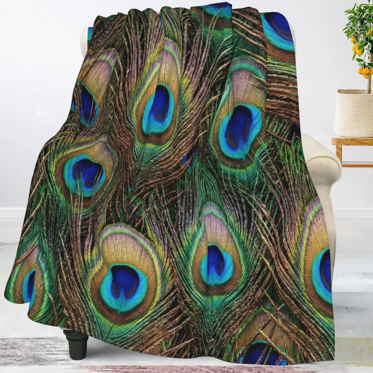 Perinsto Peacock Feather Throw Blanket Ultra Soft Warm All Season Decorative Fleece Blankets for Bed Chair Car Sofa Couch Bedroom 50"X40"