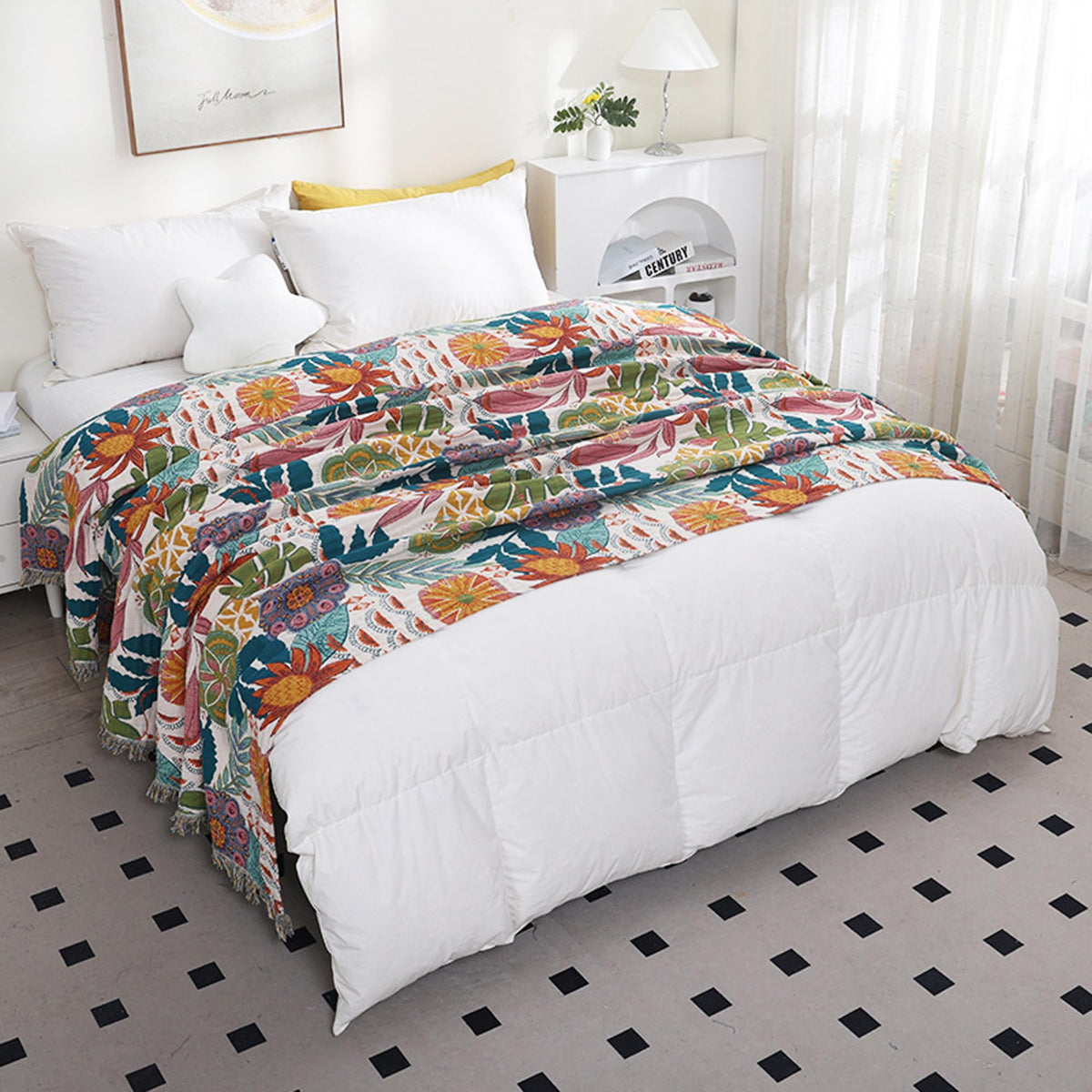 BRYALIX 100% Cotton Floral Throw Blanket, Muslin Lightweight Super Soft Quilt, All Season Decorative Reversible Jacquard Bedding with Fringe, Boho Tropical Floral Farmhouse Blanket, 60"x80"