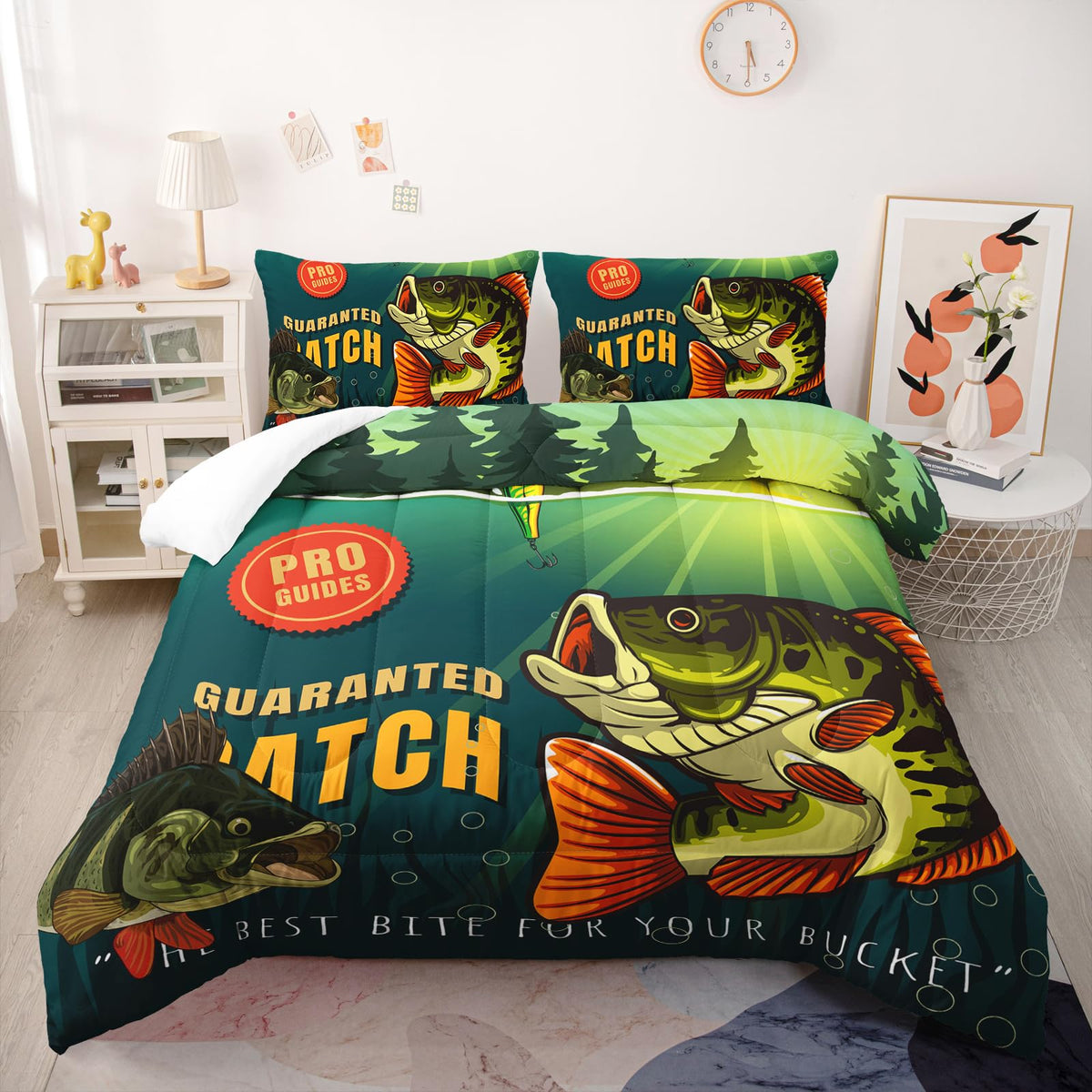Nttopship Big Pike Fish Comforter Sets, Hunting and Fishing Pattern Bedding Set Twin Size for Kids,Fishing Underwater Animals Bedding Sets All Season 1 Comforter and 2 Pillowcases