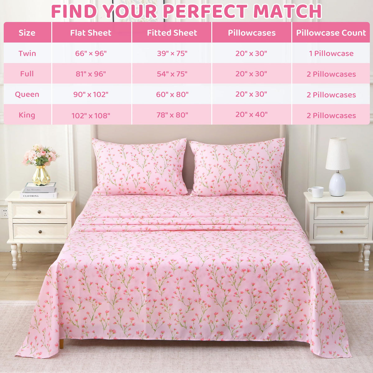 Mooreeke Cozy Floral Microfiber Printed Full Sheet Set - Soft & Breathable Pink Flowers Bed Sheets with Deep Pocket - Non-Slip Fitted Design - Pink Flowers with Green Branches Pattern - Full
