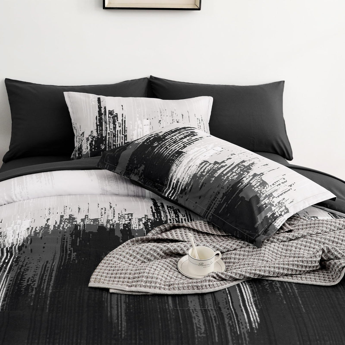 WONGS BEDDING Comforter Set Queen,Black Grey 7 Pieces Bed in a Bag Colorful Abstract Art Gradient Comforter Soft Microfiber Bedding Set with Comforter,Flat Sheet,Fitted Sheet,Pillow Shams,Pillowcases
