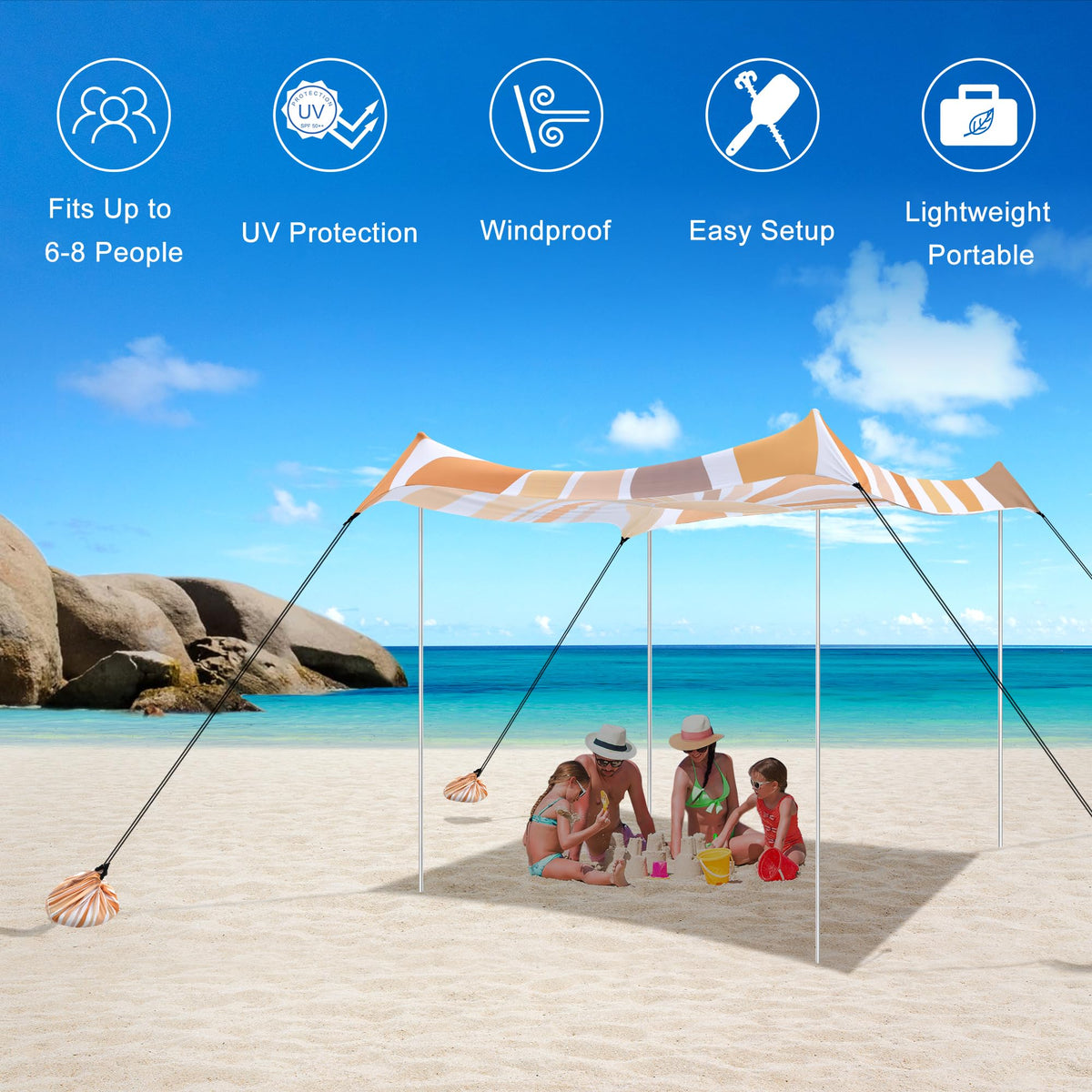 Beach Tent, UPF 50+ Beach Canopy Sun Shade, Portable 10×10 FT Large Pop-Up Beach Tent Sun Shelter with Sand Anchors, Ground Pegs, Easy Setup for Beach, Camping, Park, and Backyard Fun - Sunflower