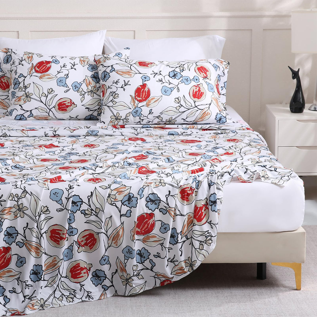 LONAVA Flower Queen Size 6 Pcs Sheet Set, Breathable Microfiber Deep Pocket White Fitted Sheets, Comfy & Breathable Patterned Flat Sheets,4 Gentle Soft Pillowcases, Red Bud