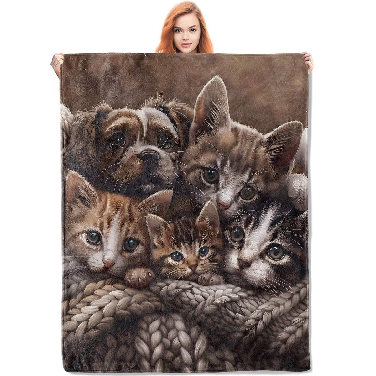VANZEV Cuddly Kittens and Puppy Blanket Gifts for Women, Cat and Dog Flannel Blanket, Soft Warm Lightweight Throw Blankets for Bed Couch Home Travel Decor 50" x 60"