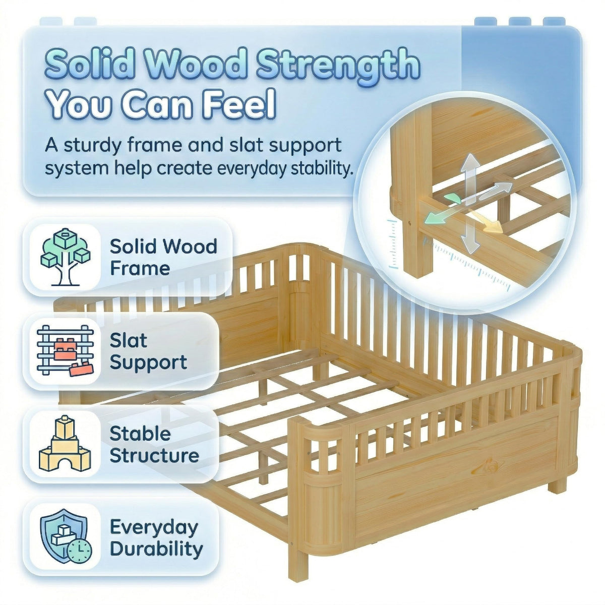 Duxelifin Queen Bed Frame for Kids with Rails, Low Profile Montessori Queen Bed with Detachable Side Rail, Solid Pine Wood Kids Daybed with Headboard, Footboard & Slat Support for Boys Girls, Natural