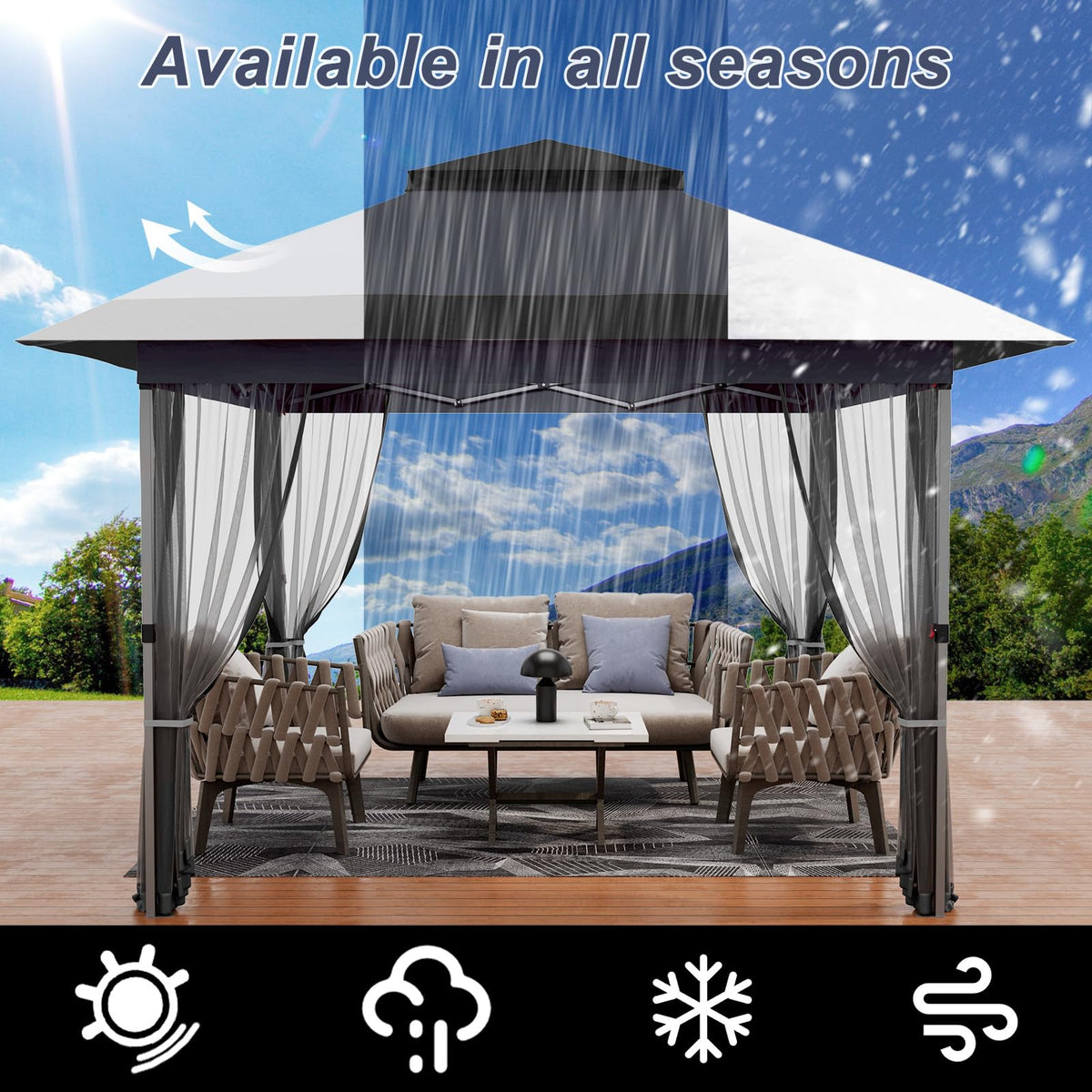 Garvee 12x12 Gazebo, Instant Outdoor Canopy Tent with Mosquito Netting, Screen Tent with 4 Ropes, 8 Stakes, 4 Sandbags and Wheeled Storage Bag, Shelter Canopy for Patio Garden Backyard, Gray