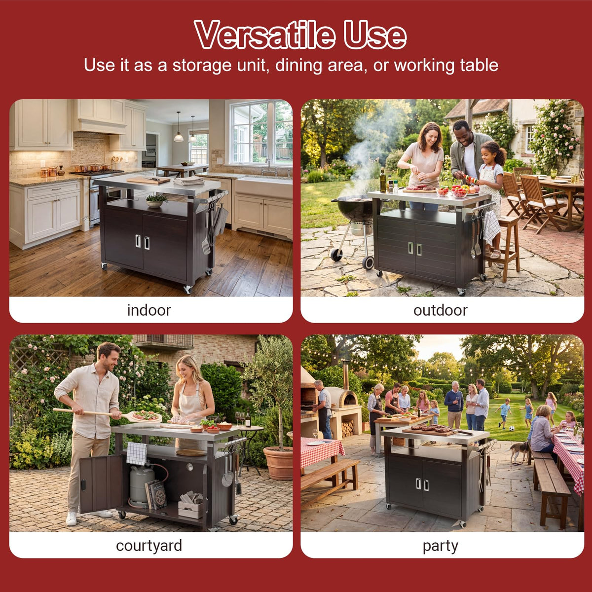 BBQMall Outdoor Grill Cart with Stainless Steel Top & Large Storage Cabinet, Movable Kitchen Island with Wheels for BBQ Food Prep, Pizza Oven Stand 39" x 20" x 35"