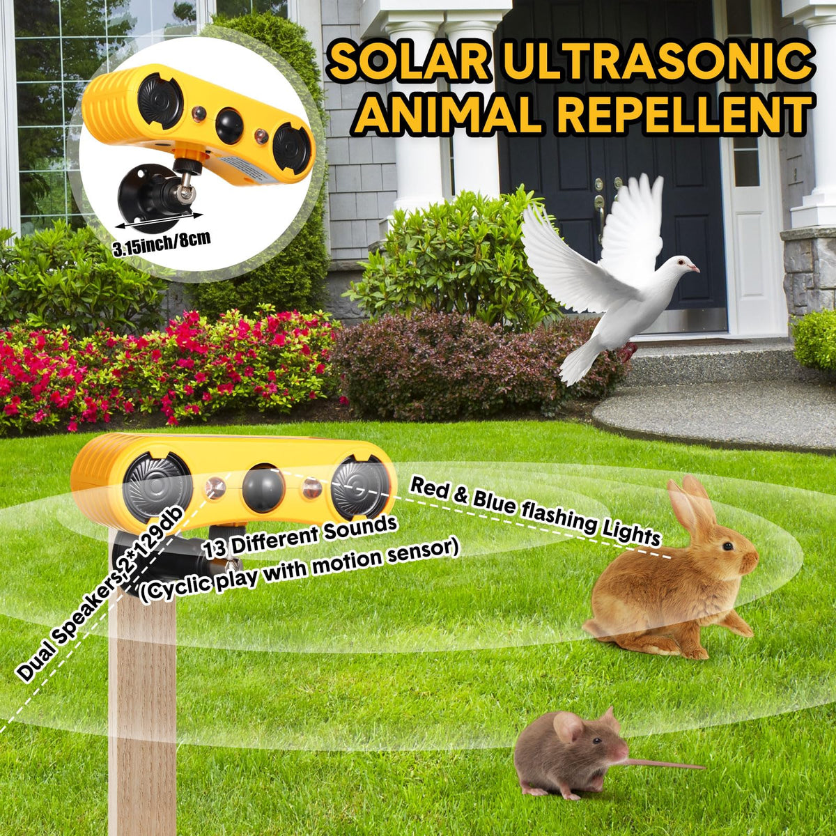 Qualirey Solar Outdoor Motion Sensor Alarm 2 x 129dB Loud Noise Maker 13 Sound Detector Strobe Light, 4 Modes Animal Deterrent Dog Barking Alarm Mount on Ground or Fence for Garden Yard(6 Pack)
