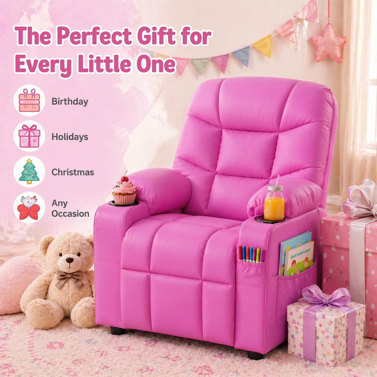 Donut Larger Kids Reclining Chair PU Leather Recliner Sofa Push Back Lounge Children Toddler Boys Girls Ages 3-12 with Dual Cup Holders and 4 Pockets