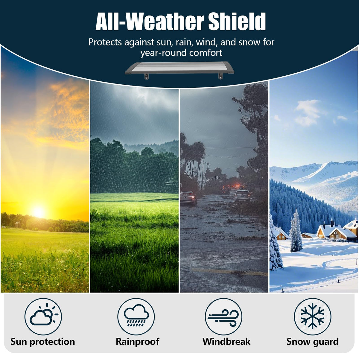 NEBAIKA Awning for Outside, 40x40 UV-Resistant Rain and Snow-Proof House Overhang Canopy, Polycarbonate Door Awnings Exterior for Outdoor Patio, Porch, Deck, Window
