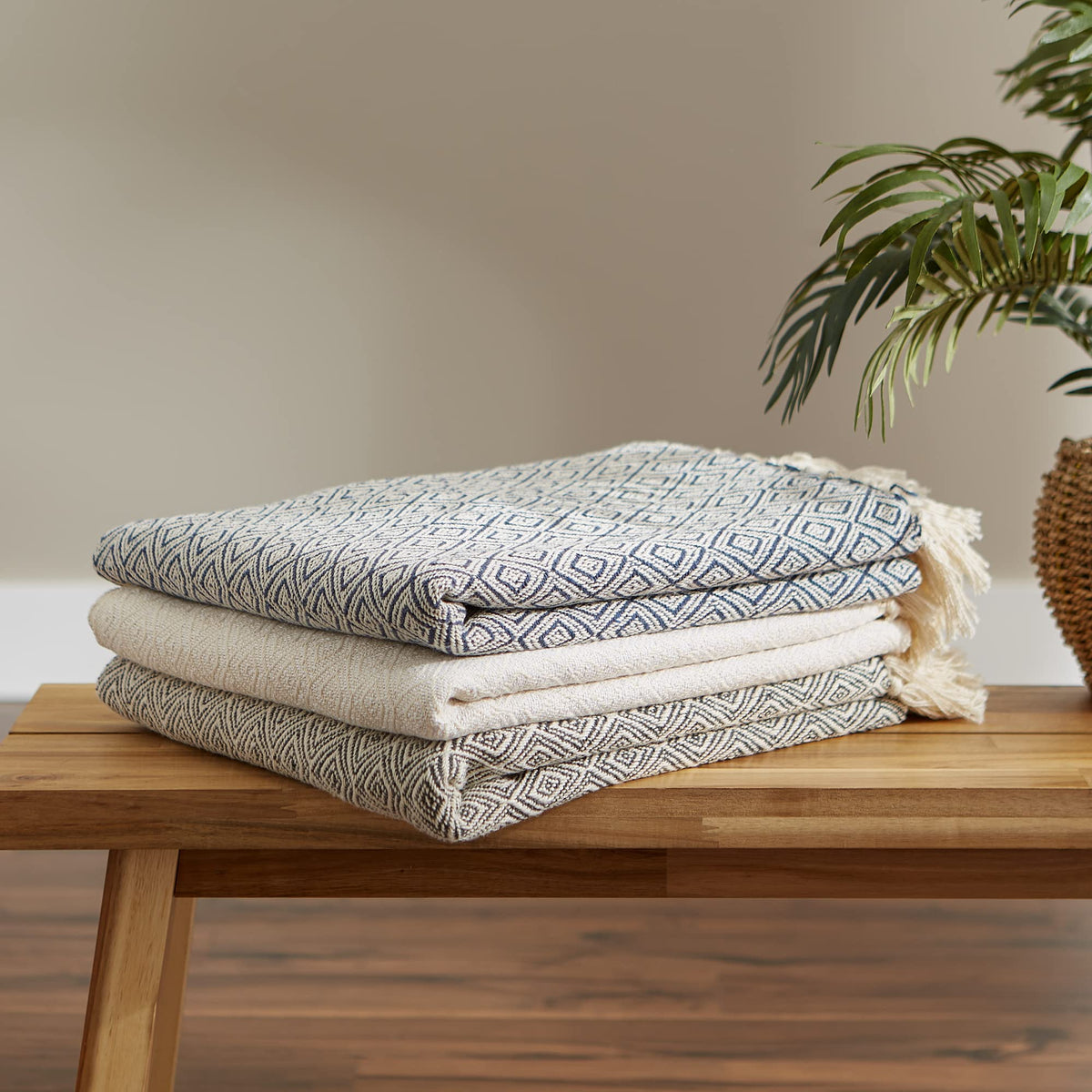 DII Global, Fields of Diamond Woven Throw, 50x60, Natural